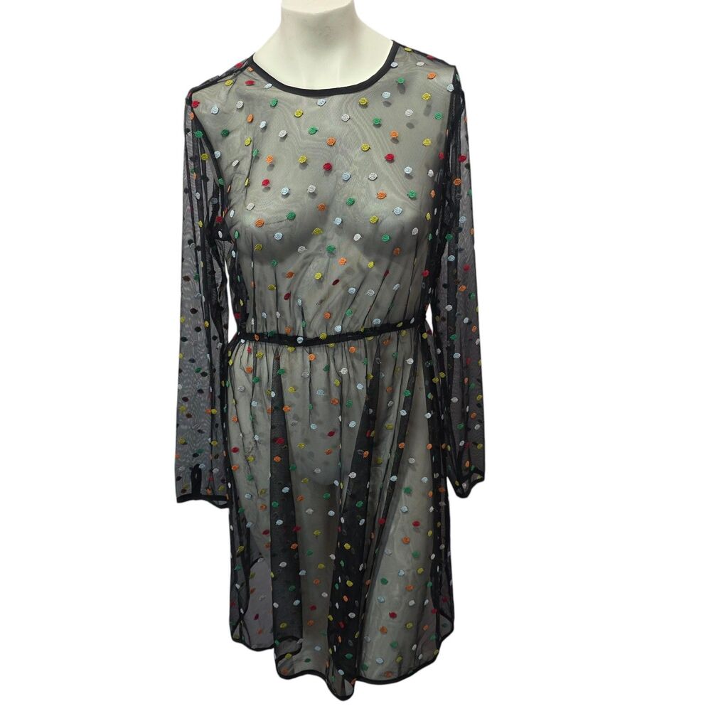 ModCloth Sheer Polka Dot Mesh Dress L Black Rainbow Embroidered Overlay